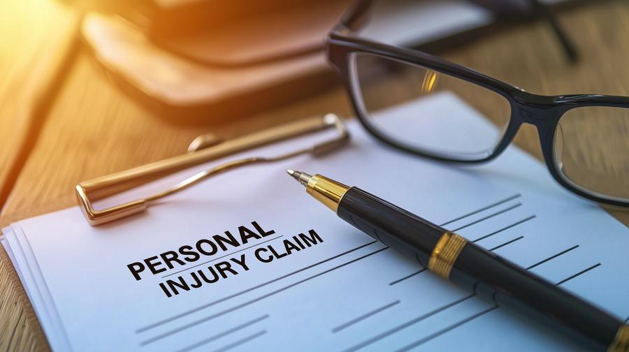 Personal injury claim document with pen and glasses